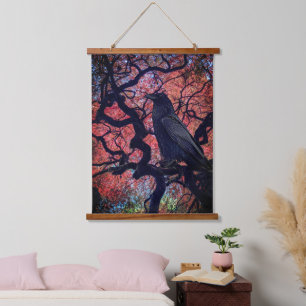 Black Raven and Gnarly Japanese Maple Tree Hanging Tapestry