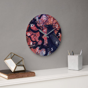 Black Raven and Gnarly Japanese Maple Tree Large Clock