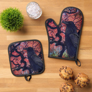 Black Raven and Gnarly Japanese Maple Tree Oven Mitt & Pot Holder Set