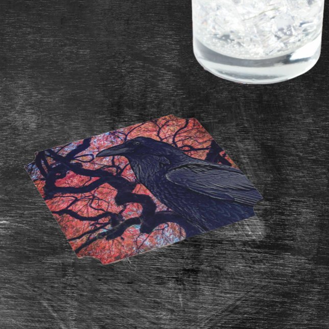 Black Raven and Gnarly Japanese Maple Tree Paper Coaster (In Situ)