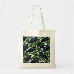 Black Raven and Green Leaf Woodland Pattern Tote Bag