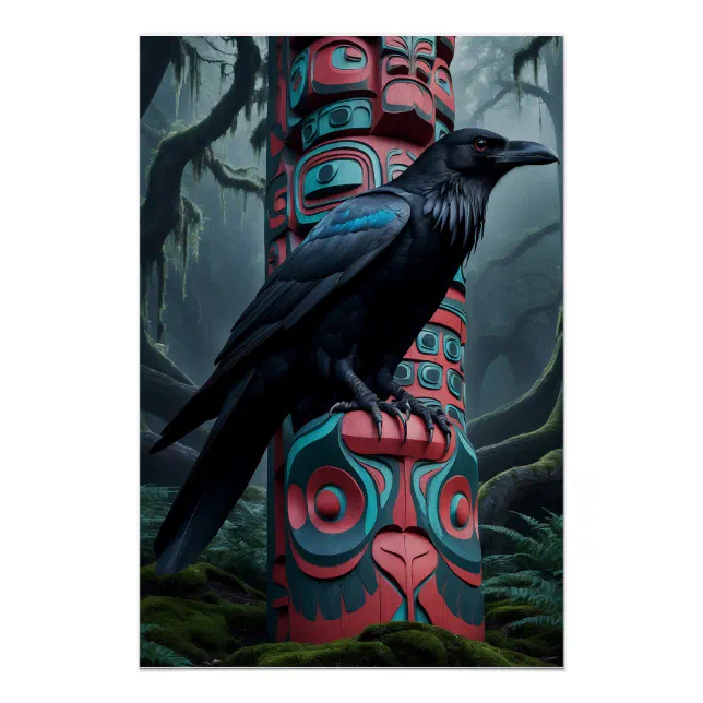 Black Raven and Totem Pole Wildlife Art Poster | Zazzle