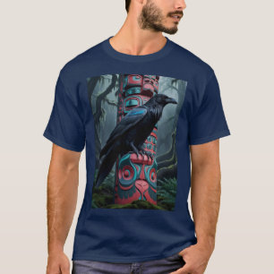 Black Raven and Totem Pole Wildlife Art T-Shirt