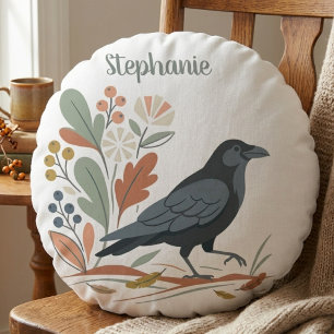 Black Raven Bird Botanical Autumn Round Cushion