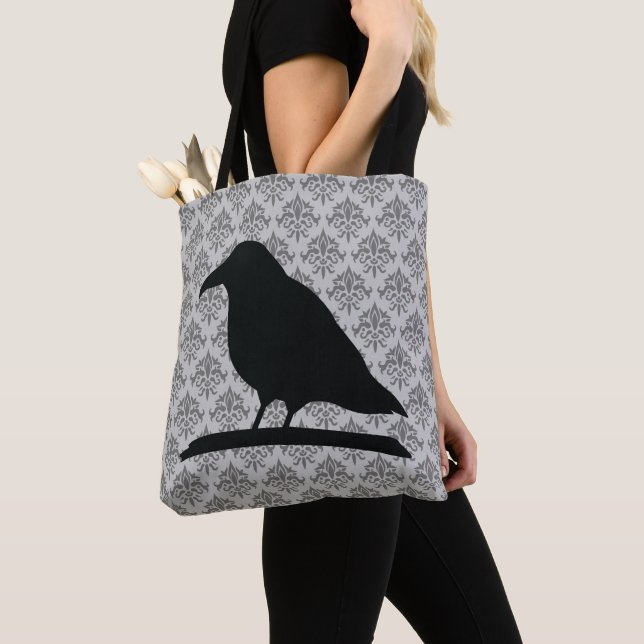 Black Raven Bird Shape With Damask Background Tote Bag (Close Up)