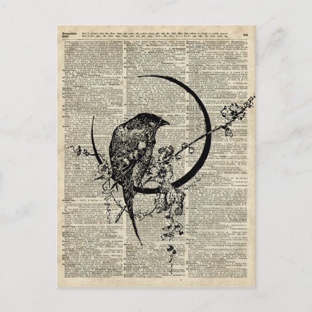 Black Raven Bird stencil over old dictionary page Postcard (Front)
