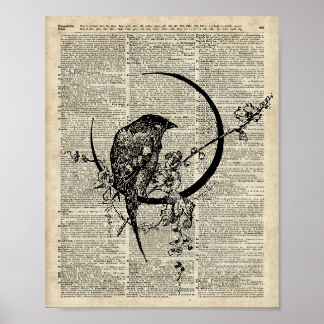 Black Raven Bird stencil over old dictionary page Poster (Front)