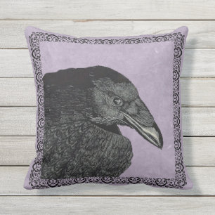 Black Raven Crow in Ornate Frame on Mixed Purples Outdoor Cushion