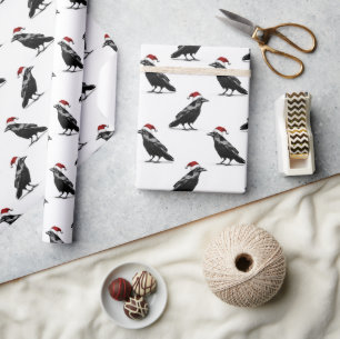 Black raven crow with red santa hat pattern wrapping paper