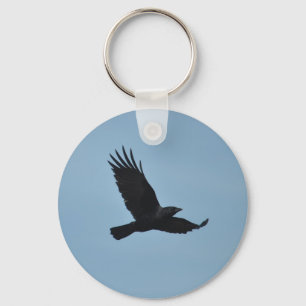 Black Raven Flying in Blue Sky Photo Key Ring