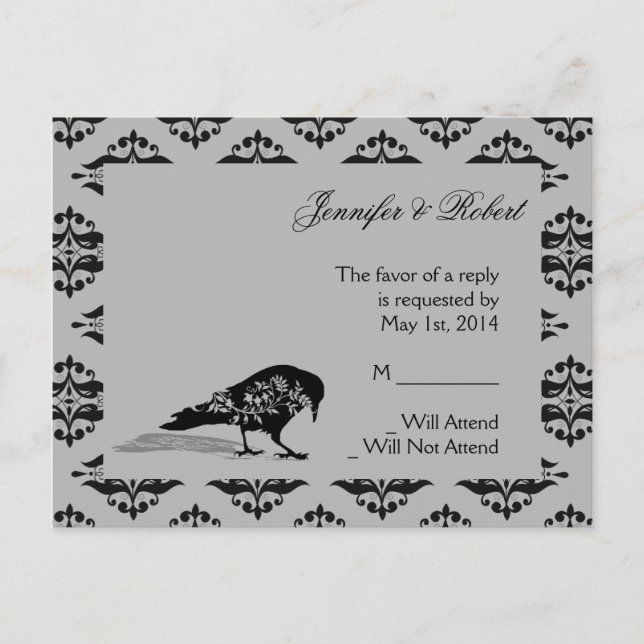 Black Raven Gothic Frame Wedding RSVP Postcard (Front)