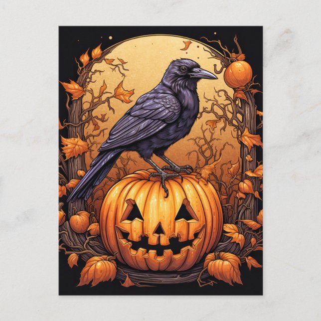 Black Raven Happy Halloween Postcard (Front)