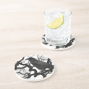 Black Raven in Tree Black and White Photo Coaster