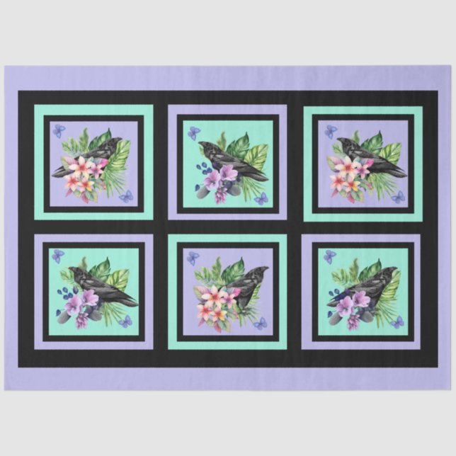 Black Raven Mixed Watercolor Flowers  Tissue Paper (Front)