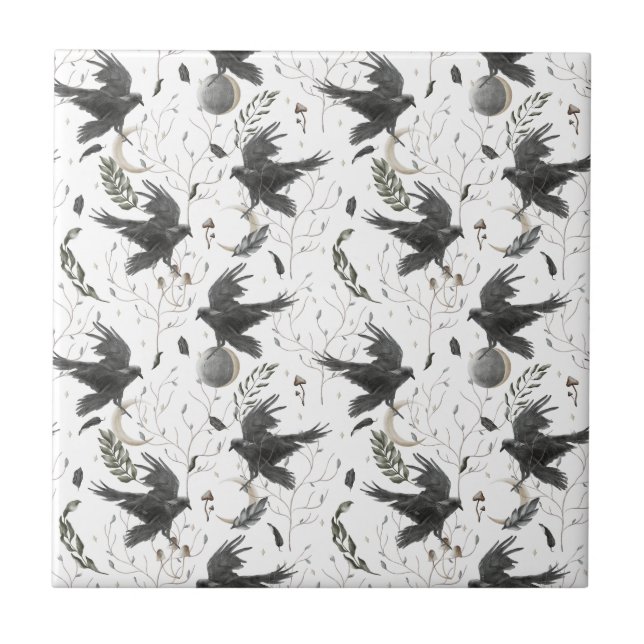 Black Raven, Moon and Wild Plants Witchcraft  Ceramic Tile (Front)