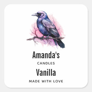 Black Raven on a Branch Candle Business Square Sticker