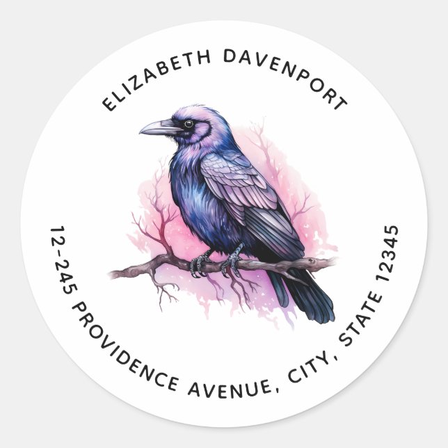 Black Raven on a Branch Illustration Address Classic Round Sticker (Front)