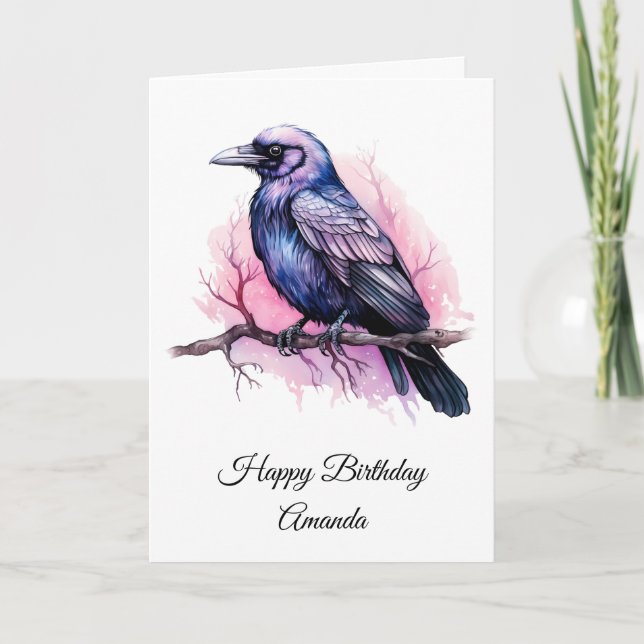 Black Raven on a Branch Illustration Birthday Card (Front)