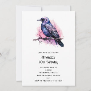 Black Raven on a Branch Illustration Birthday Invitation