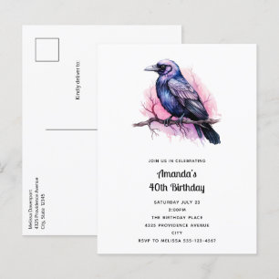 Black Raven on a Branch Illustration Birthday Invitation Postcard