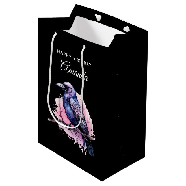 Black Raven on a Branch Illustration Birthday Medium Gift Bag (Front Angled)