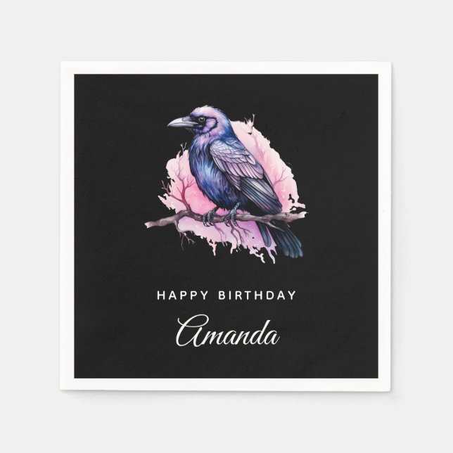 Black Raven on a Branch Illustration Birthday Napkin (Front)