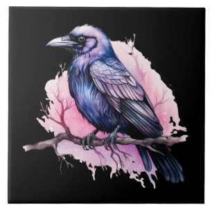 Black Raven on a Branch Illustration Ceramic Tile