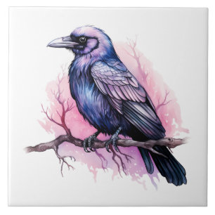 Black Raven on a Branch Illustration Ceramic Tile