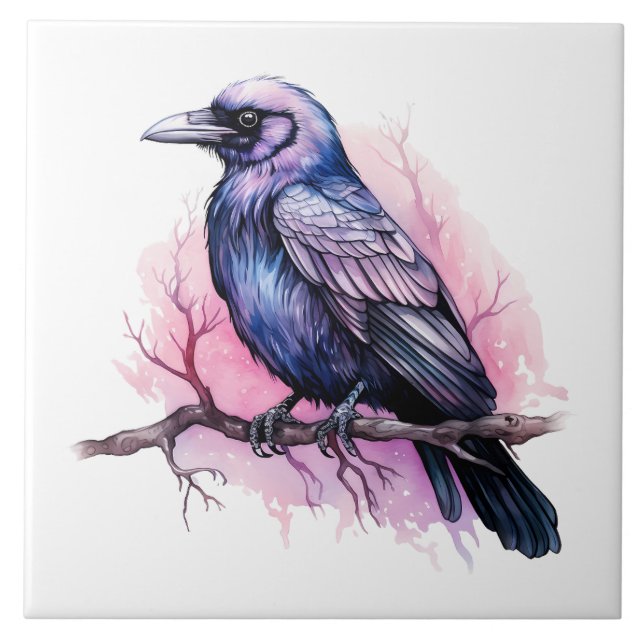 Black Raven on a Branch Illustration Ceramic Tile (Front)