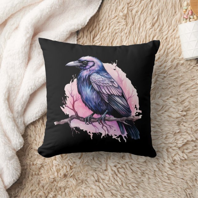Black Raven on a Branch Illustration Cushion (Blanket)