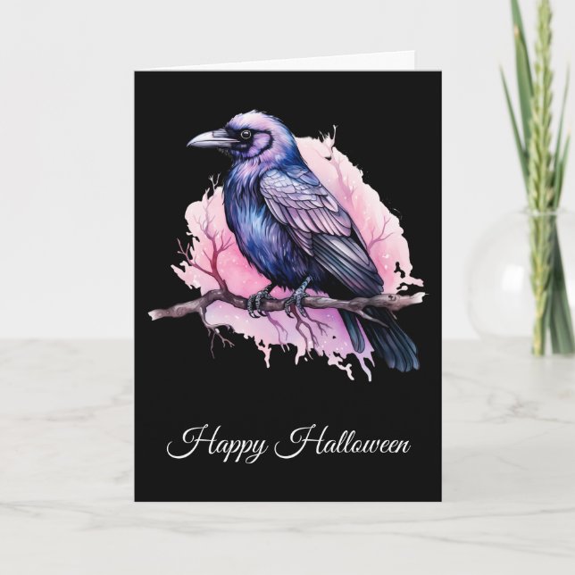 Black Raven on a Branch Illustration Halloween Card (Front)