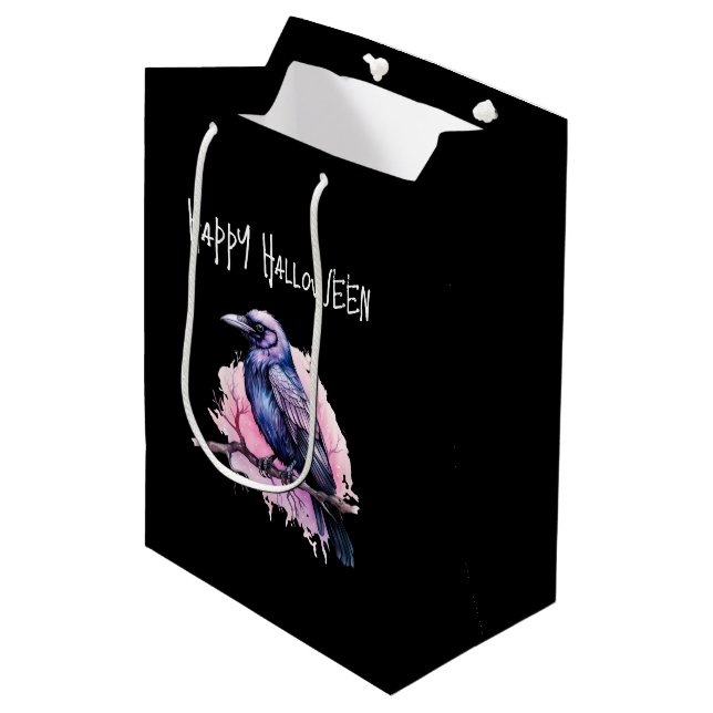 Black Raven on a Branch Illustration Halloween Medium Gift Bag (Front Angled)