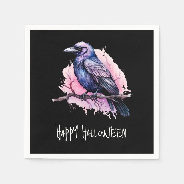 Black Raven on a Branch Illustration Halloween Napkin (Front)