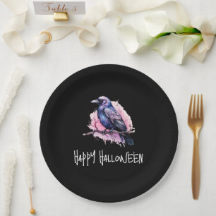 Black Raven on a Branch Illustration Halloween Paper Plate