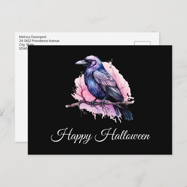 Black Raven on a Branch Illustration Halloween Postcard (Front/Back)