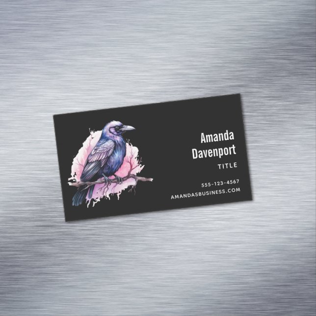 Black Raven on a Branch Illustration Magnetic Business Card (In Situ)