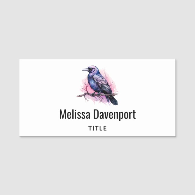 Black Raven on a Branch Illustration Name Tag (Front)