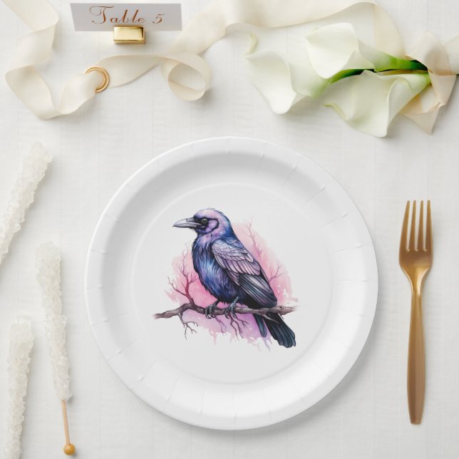 Black Raven on a Branch Illustration Paper Plate (Wedding)