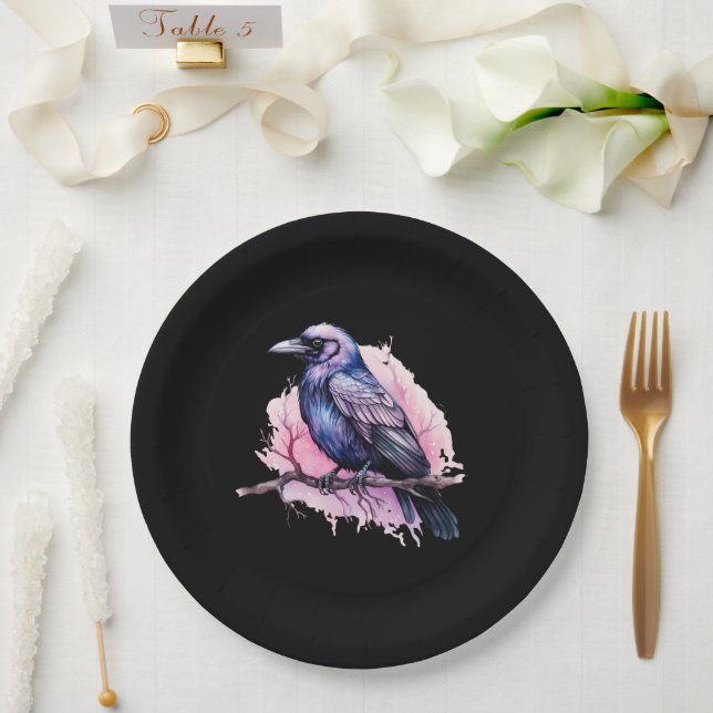 Black Raven on a Branch Illustration Paper Plate (Wedding)