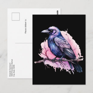 Black Raven on a Branch Illustration Postcard