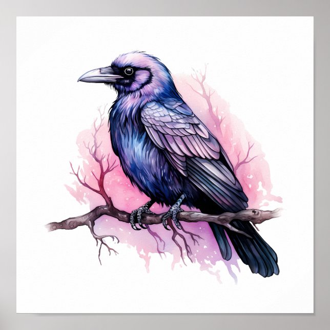 Black Raven on a Branch Illustration Poster (Front)