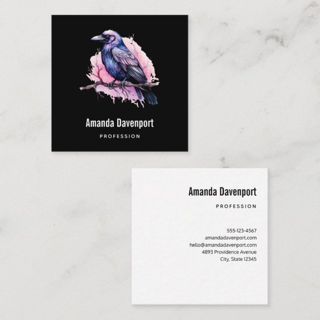 Black Raven on a Branch Illustration Square Business Card (Front/Back)