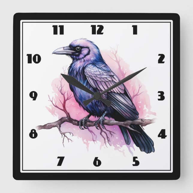 Black Raven on a Branch Illustration Square Wall Clock (Front)