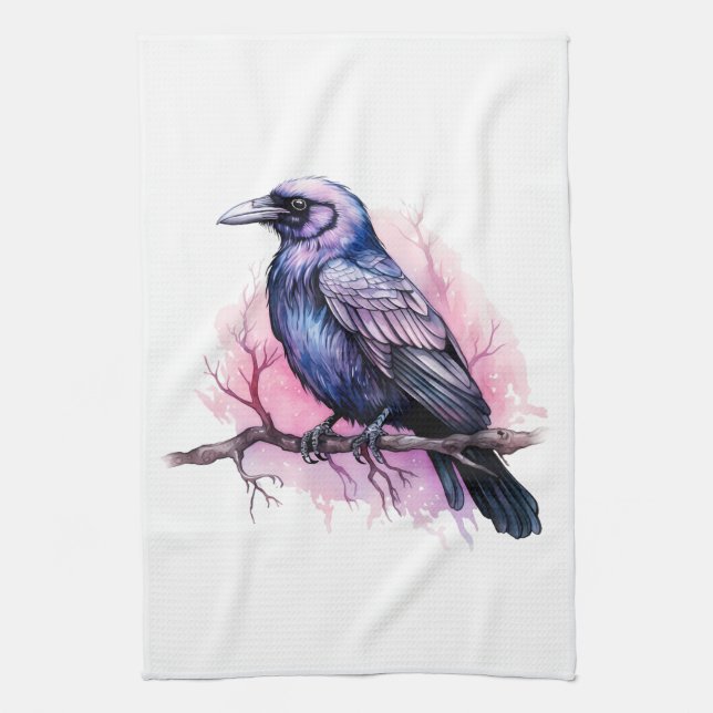 Black Raven on a Branch Illustration Tea Towel (Vertical)