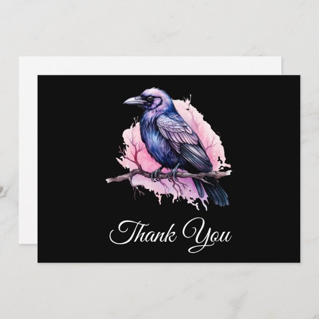 Black Raven on a Branch Illustration Thank You Card (Front/Back)