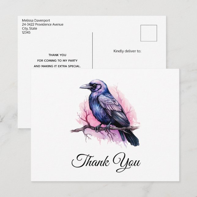Black Raven on a Branch Illustration Thank You Postcard (Front/Back)