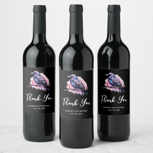 Black Raven on a Branch Illustration Thank You Wine Label (Bottles)