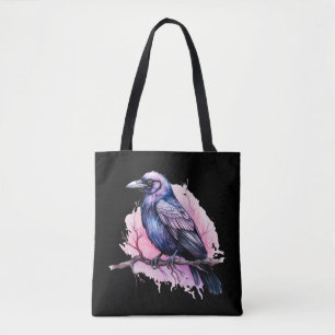 Black Raven on a Branch Illustration Tote Bag