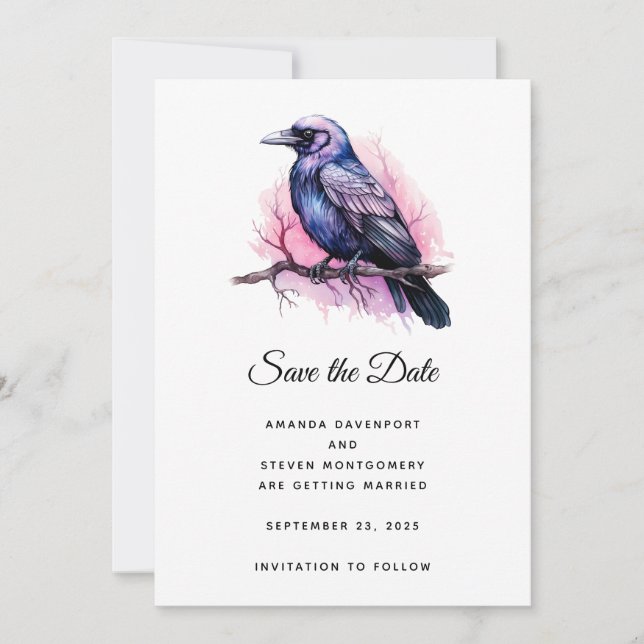 Black Raven on a Branch Illustration Wedding Save The Date (Front)