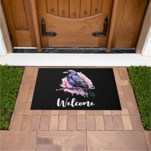 Black Raven on a Branch Illustration Welcome Doormat